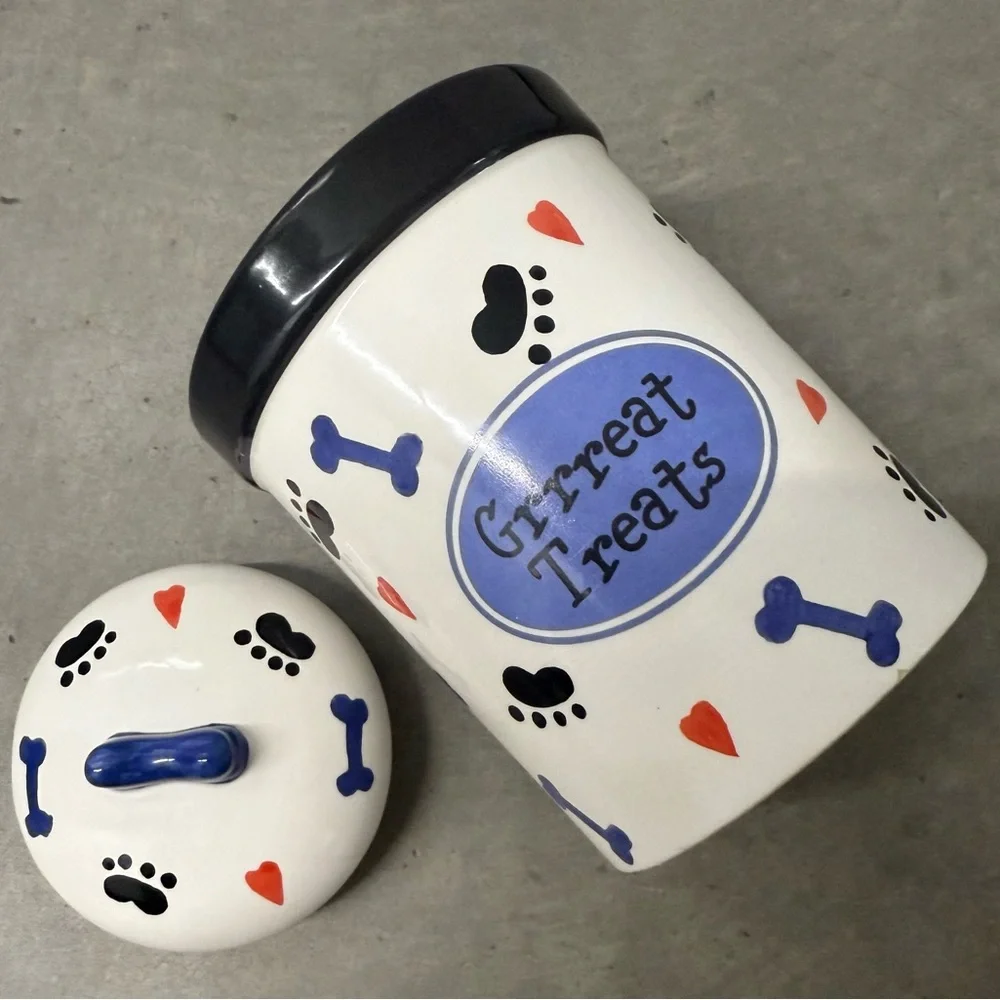 Ceramic “Grrreat Treats” Dog Treat Jar With Lid In White, Black, Blue, Red